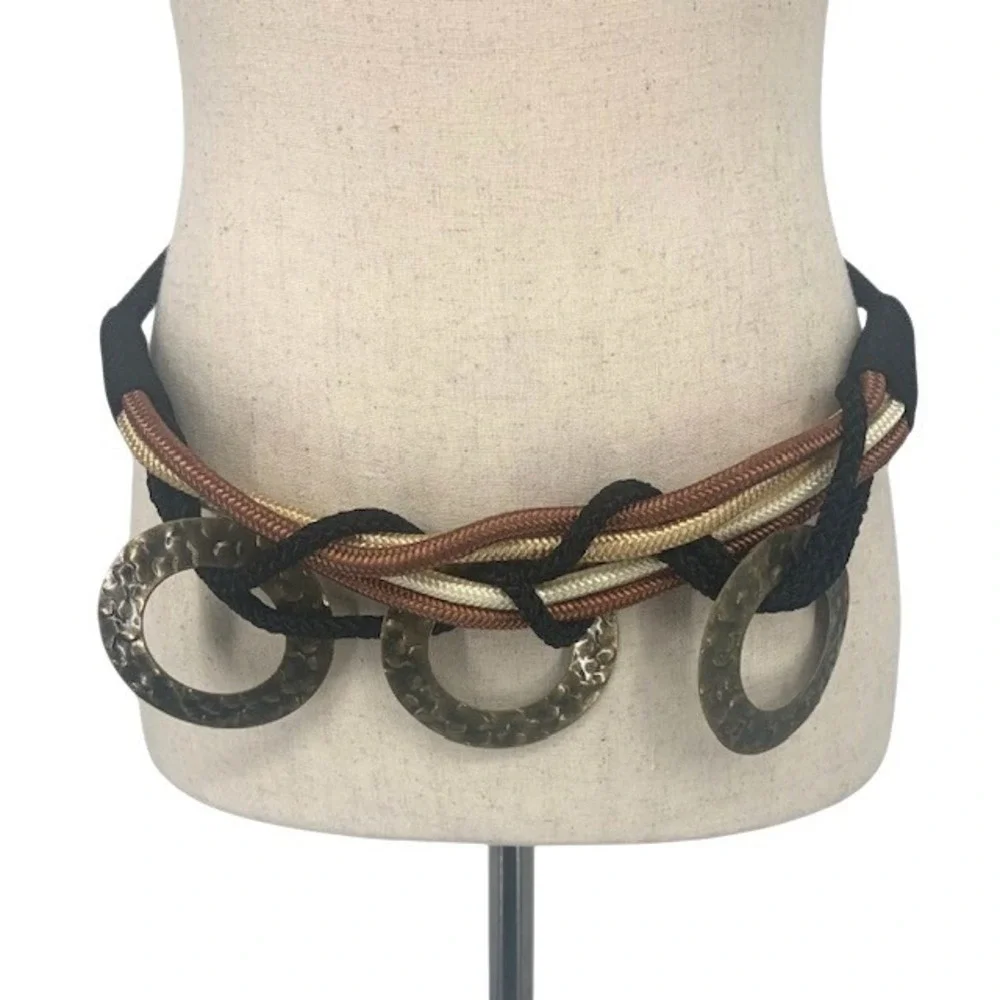 Boho Braided Rope Belt Hammered Brass Rings Black Brown Gold 70s Statement Belt